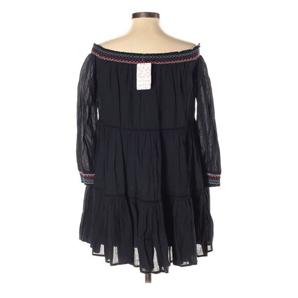 FREE PEOPLE Off The Shoulder Babydoll Tiered Mini Dress Embroidered Black XS New - Picture 4 of 13